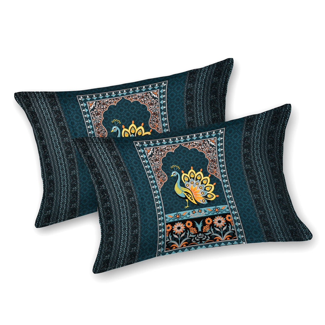 Bella Casa Fashion & Retail Ltd BEDSHEET 108 X 108 Inch / Teal & Multi / 100 % Premium Cotton Super King Size Double Bedsheet Set Premium Cotton with 2 Pillow Covers Digital Printed Teal & Multi Coloured - Celestia Designer Collection