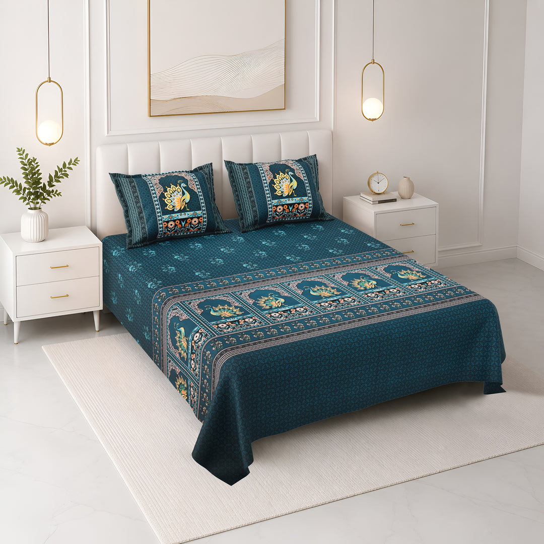 Bella Casa Fashion & Retail Ltd BEDSHEET 108 X 108 Inch / Teal & Multi / 100 % Premium Cotton Super King Size Double Bedsheet Set Premium Cotton with 2 Pillow Covers Digital Printed Teal & Multi Coloured - Celestia Designer Collection