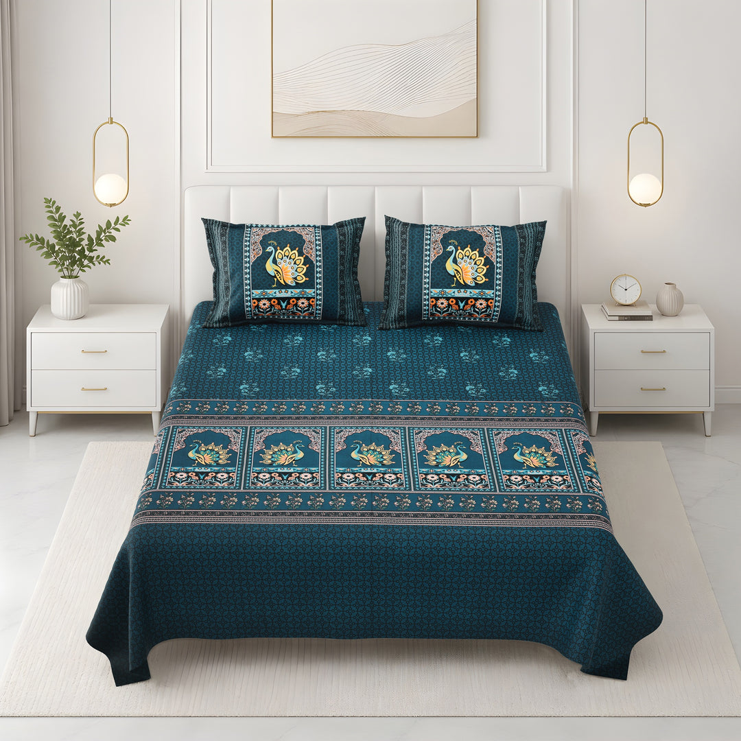 Bella Casa Fashion & Retail Ltd BEDSHEET 108 X 108 Inch / Teal & Multi / 100 % Premium Cotton Super King Size Double Bedsheet Set Premium Cotton with 2 Pillow Covers Digital Printed Teal & Multi Coloured - Celestia Designer Collection