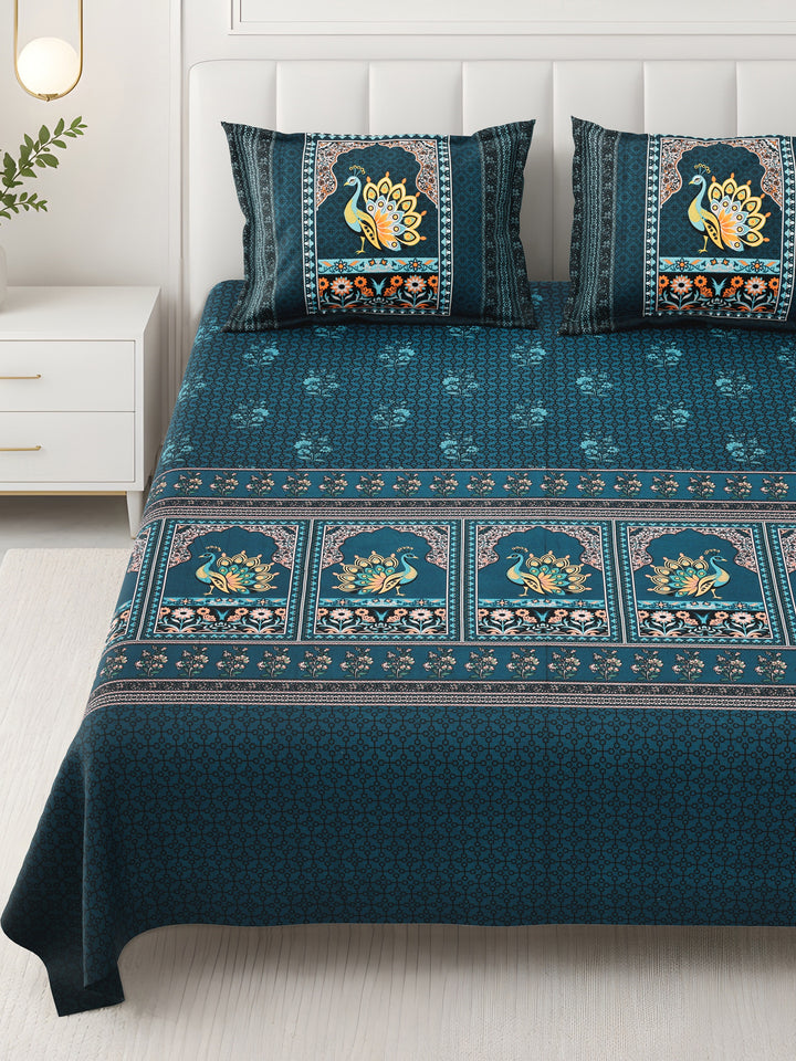 Bella Casa Fashion & Retail Ltd BEDSHEET 108 X 108 Inch / Teal & Multi / 100 % Premium Cotton Super King Size Double Bedsheet Set Premium Cotton with 2 Pillow Covers Digital Printed Teal & Multi Coloured - Celestia Designer Collection