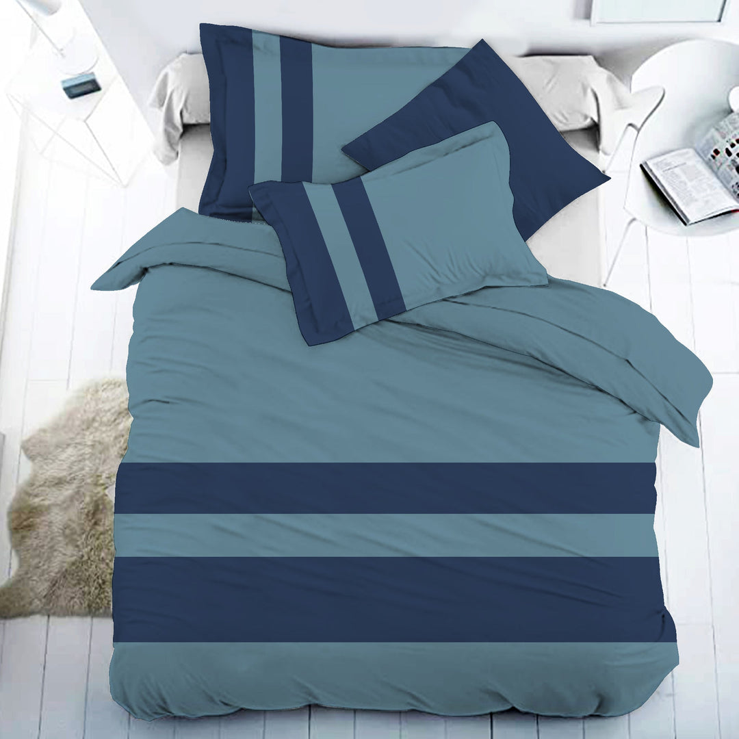 Bella Casa Fashion & Retail Ltd BEDSHEET 108 X 108 Inch / Teal & Navy Blue / 100 % Premium Cotton Super King Size Double Bedsheet Set Premium Cotton with 2 Pillow Covers Digital Printed Teal & Navy Blue Coloured - Heaven Stripe Collection