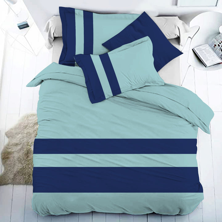 Bella Casa Fashion & Retail Ltd BEDSHEET 108 X 108 Inch / Teal & Navy Blue / 100 % Premium Cotton Super King Size Double Bedsheet Set Premium Cotton with 2 Pillow Covers Digital Printed Teal & Navy Blue Coloured - Heaven Stripe Collection