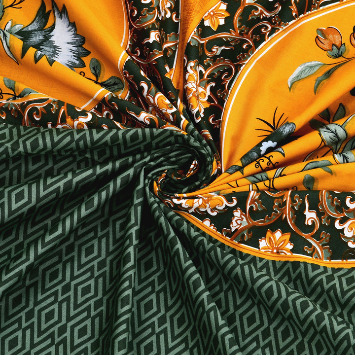 Bella Casa Fashion & Retail Ltd BEDSHEET 108 X 108 Inch / Yellow & Green / 100 % Premium Cotton Super King Size Double Bedsheet Set Premium Cotton with 2 Pillow Covers Digital Printed Yellow & Green Coloured - Celestia Designer Collection