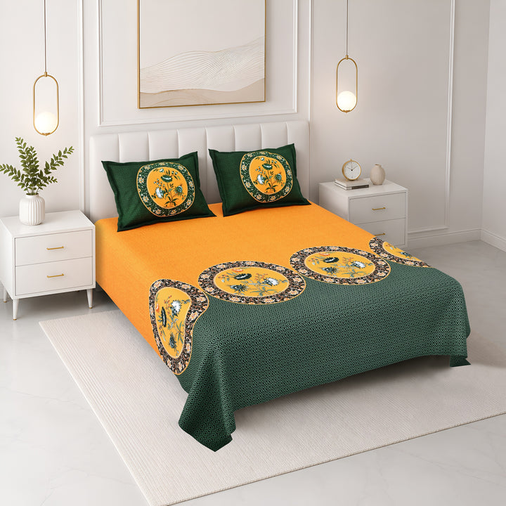 Bella Casa Fashion & Retail Ltd BEDSHEET 108 X 108 Inch / Yellow & Green / 100 % Premium Cotton Super King Size Double Bedsheet Set Premium Cotton with 2 Pillow Covers Digital Printed Yellow & Green Coloured - Celestia Designer Collection