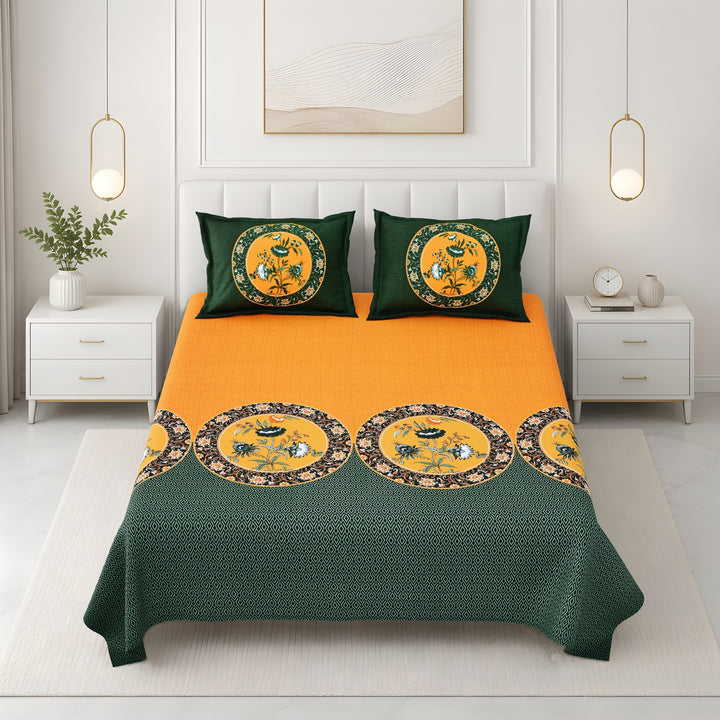 Bella Casa Fashion & Retail Ltd BEDSHEET 108 X 108 Inch / Yellow & Green / 100 % Premium Cotton Super King Size Double Bedsheet Set Premium Cotton with 2 Pillow Covers Digital Printed Yellow & Green Coloured - Celestia Designer Collection