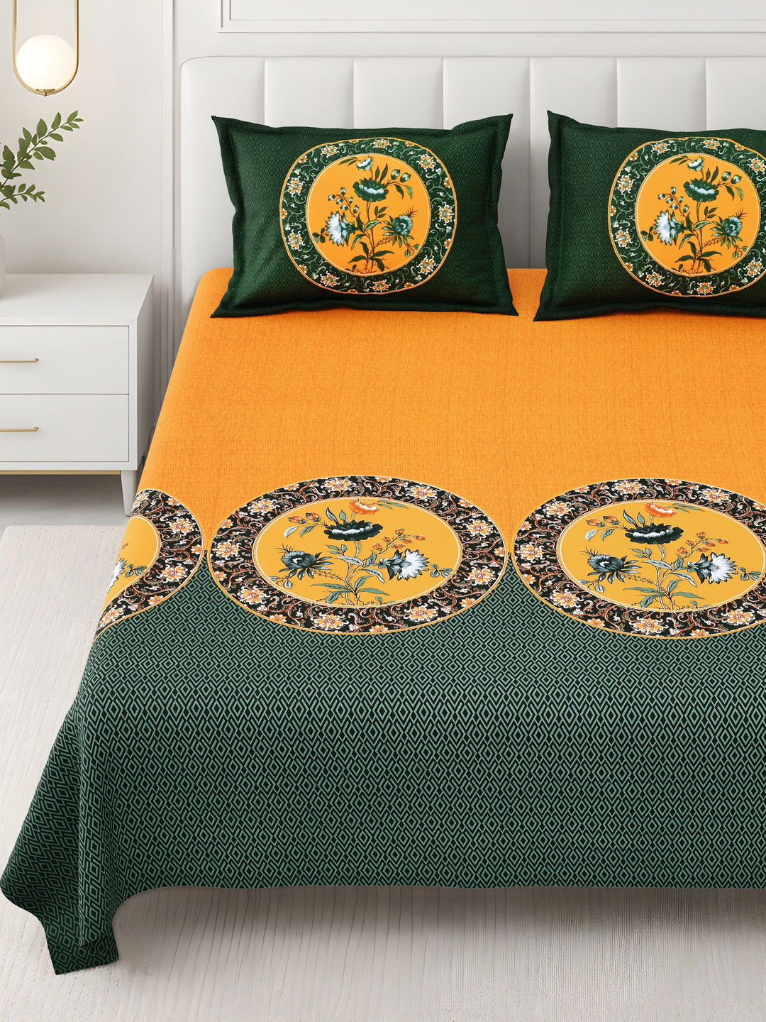 Bella Casa Fashion & Retail Ltd BEDSHEET 108 X 108 Inch / Yellow & Green / 100 % Premium Cotton Super King Size Double Bedsheet Set Premium Cotton with 2 Pillow Covers Digital Printed Yellow & Green Coloured - Celestia Designer Collection