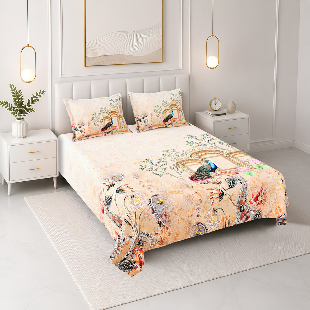 Bella Casa Fashion & Retail Ltd BEDSHEET 108 X 108 Inch / Yellow & Multi / 100 % Premium Cotton Super King Size Double Bedsheet Set Premium Cotton with 2 Pillow Covers Digital Printed Yellow & Multi - Celestia Designer Collection