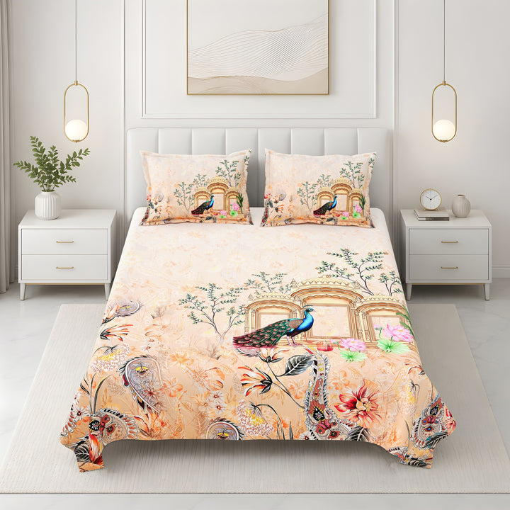 Bella Casa Fashion & Retail Ltd BEDSHEET 108 X 108 Inch / Yellow & Multi / 100 % Premium Cotton Super King Size Double Bedsheet Set Premium Cotton with 2 Pillow Covers Digital Printed Yellow & Multi - Celestia Designer Collection