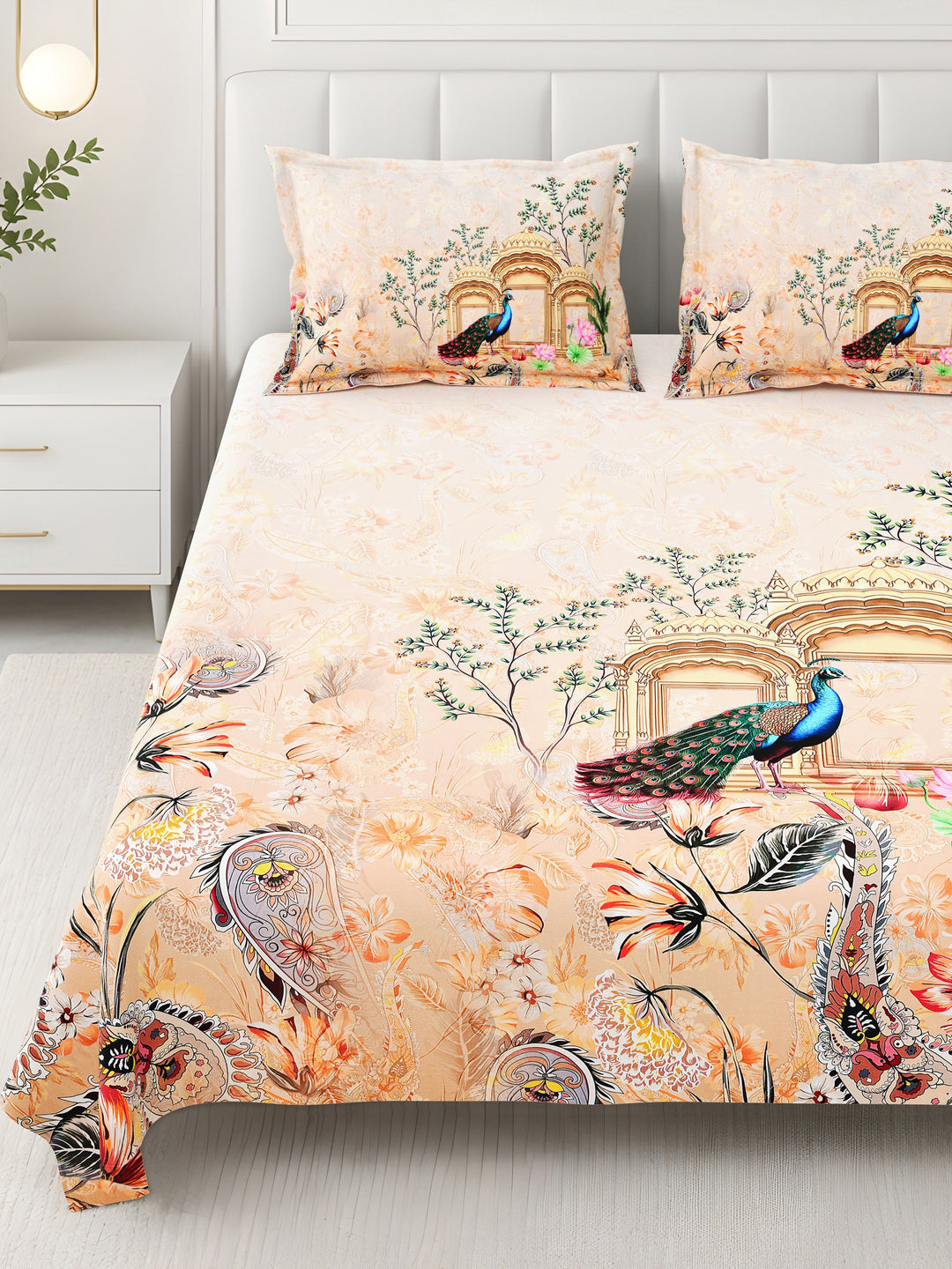 Bella Casa Fashion & Retail Ltd BEDSHEET 108 X 108 Inch / Yellow & Multi / 100 % Premium Cotton Super King Size Double Bedsheet Set Premium Cotton with 2 Pillow Covers Digital Printed Yellow & Multi - Celestia Designer Collection