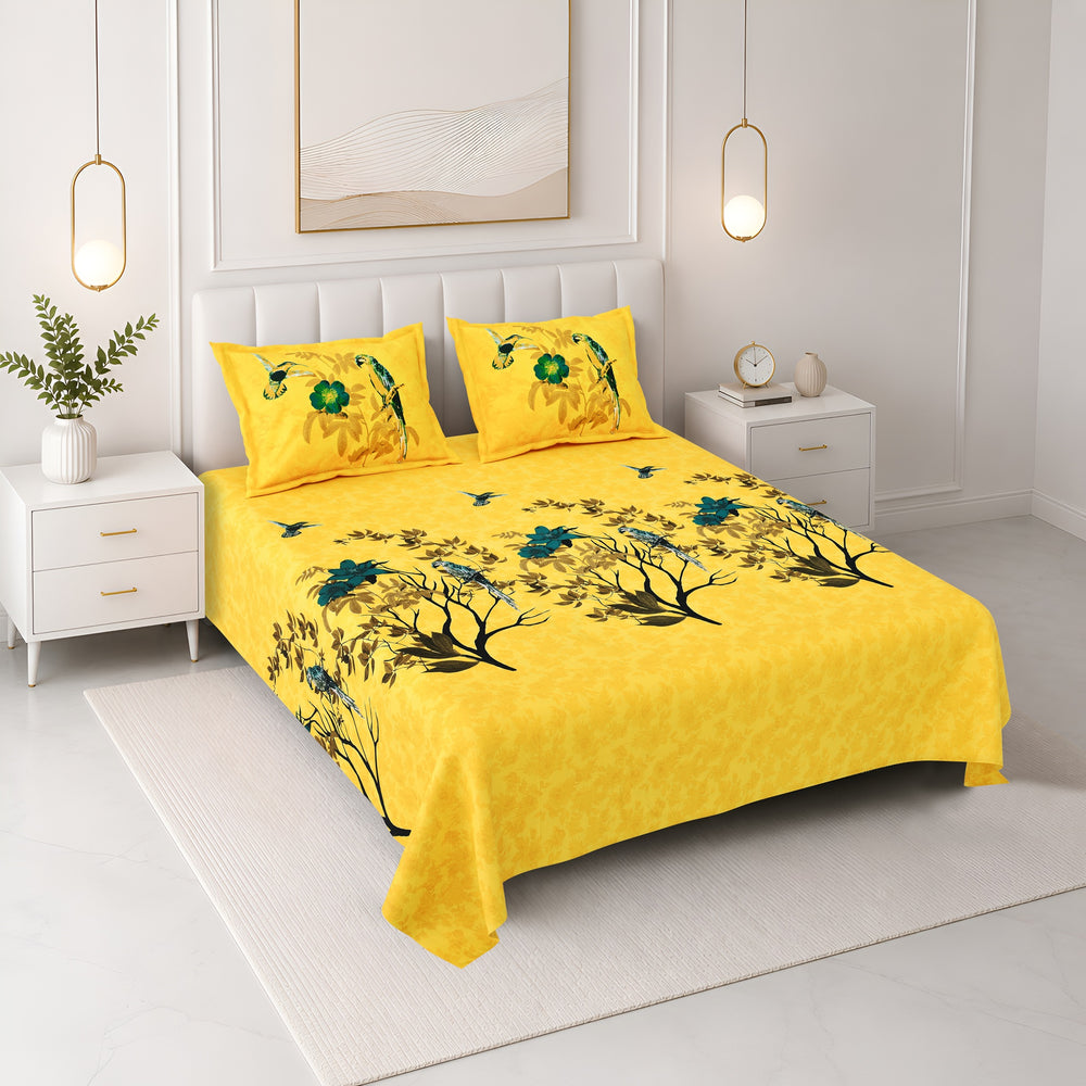 Bella Casa Fashion & Retail Ltd BEDSHEET 108 X 108 Inch / Yellow & Multi / 100 % Premium Cotton Super King Size Double Bedsheet Set Premium Cotton with 2 Pillow Covers Digital Printed Yellow & Multi Coloured - Celestia Designer Collection