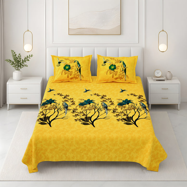 Bella Casa Fashion & Retail Ltd BEDSHEET 108 X 108 Inch / Yellow & Multi / 100 % Premium Cotton Super King Size Double Bedsheet Set Premium Cotton with 2 Pillow Covers Digital Printed Yellow & Multi Coloured - Celestia Designer Collection
