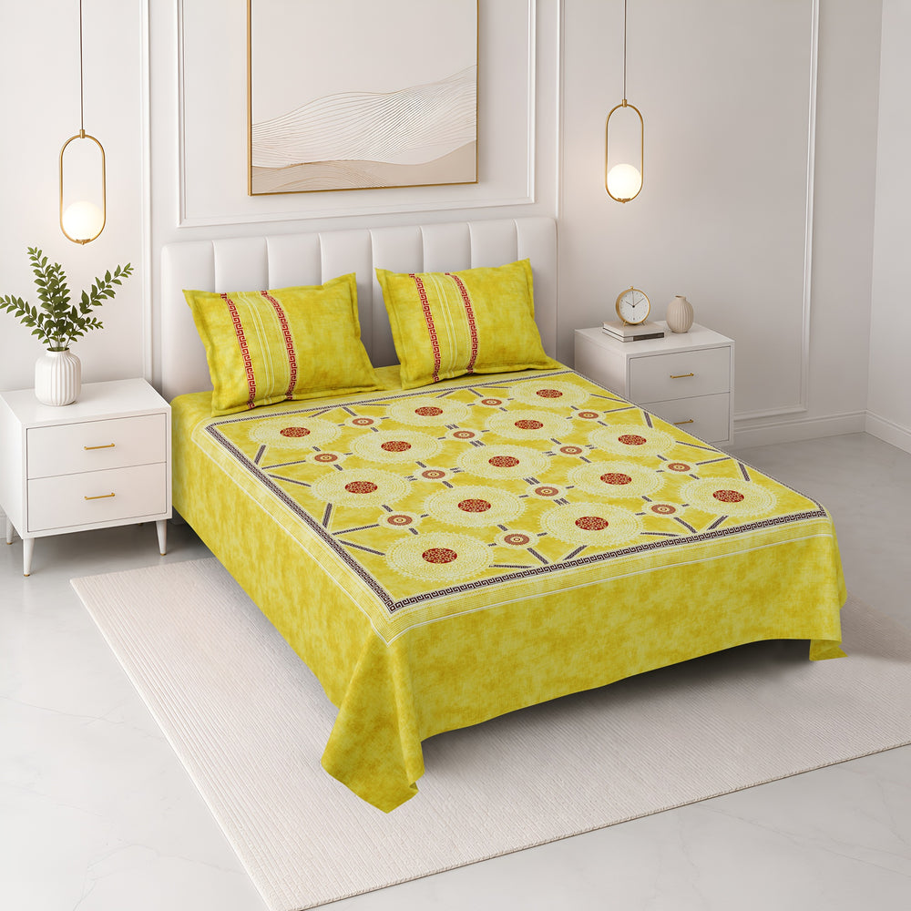 Bella Casa Fashion & Retail Ltd BEDSHEET 108 X 108 Inch / Yellow & Red / 100 % Premium Cotton Super King Size Double Bedsheet Set Premium Cotton with 2 Pillow Covers Digital Printed Yellow & Red Coloured - Celestia Designer Collection