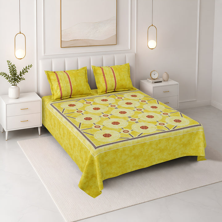 Bella Casa Fashion & Retail Ltd BEDSHEET 108 X 108 Inch / Yellow & Red / 100 % Premium Cotton Super King Size Double Bedsheet Set Premium Cotton with 2 Pillow Covers Digital Printed Yellow & Red Coloured - Celestia Designer Collection