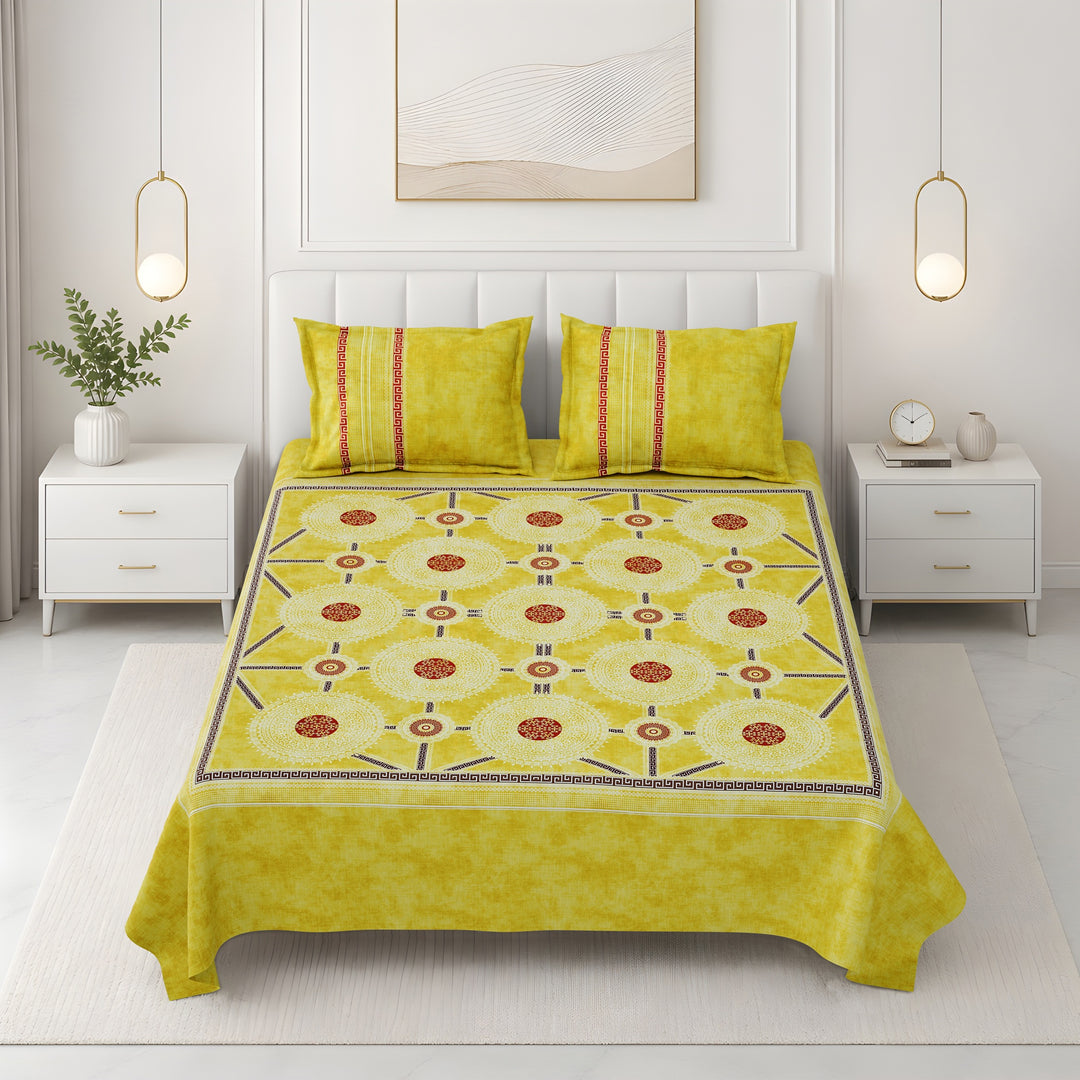 Bella Casa Fashion & Retail Ltd BEDSHEET 108 X 108 Inch / Yellow & Red / 100 % Premium Cotton Super King Size Double Bedsheet Set Premium Cotton with 2 Pillow Covers Digital Printed Yellow & Red Coloured - Celestia Designer Collection