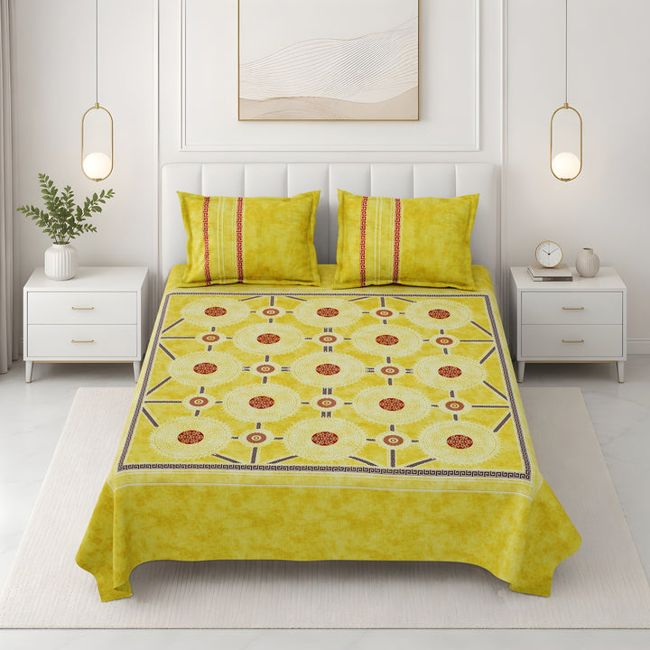 Bella Casa Fashion & Retail Ltd BEDSHEET 108 X 108 Inch / Yellow & Red / 100 % Premium Cotton Super King Size Double Bedsheet Set Premium Cotton with 2 Pillow Covers Digital Printed Yellow & Red Coloured - Celestia Designer Collection