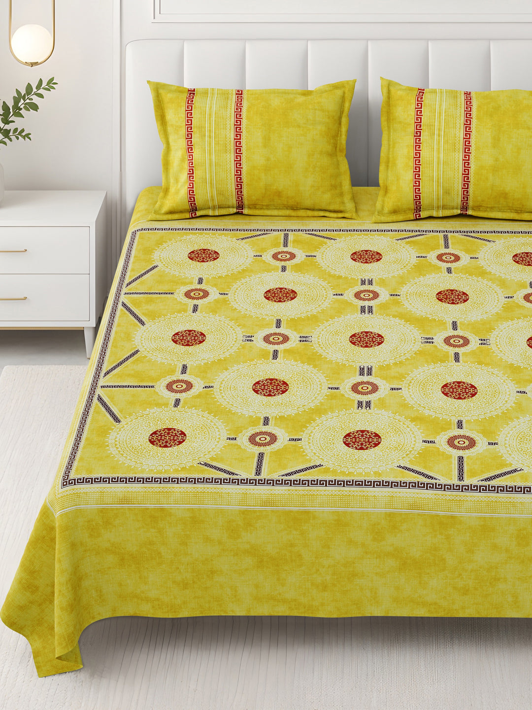 Bella Casa Fashion & Retail Ltd BEDSHEET 108 X 108 Inch / Yellow & Red / 100 % Premium Cotton Super King Size Double Bedsheet Set Premium Cotton with 2 Pillow Covers Digital Printed Yellow & Red Coloured - Celestia Designer Collection