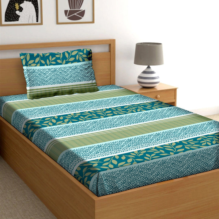 Bella Casa Single Size Cotton Bedsheet with 1 Pillow Cover Floral Desige Blue Colour - Stella Collection