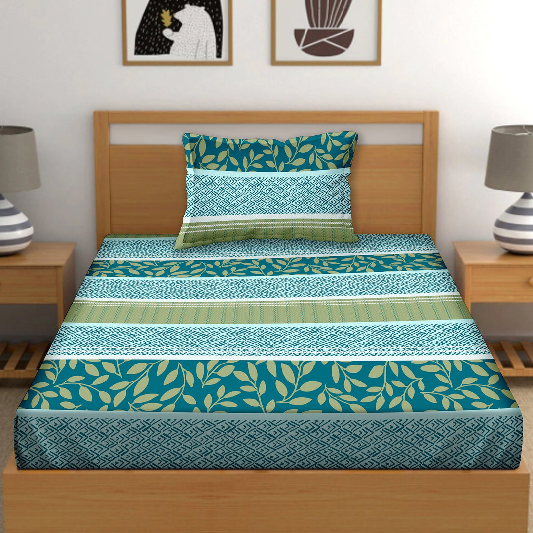 Bella Casa Single Size Cotton Bedsheet with 1 Pillow Cover Floral Desige Blue Colour - Stella Collection