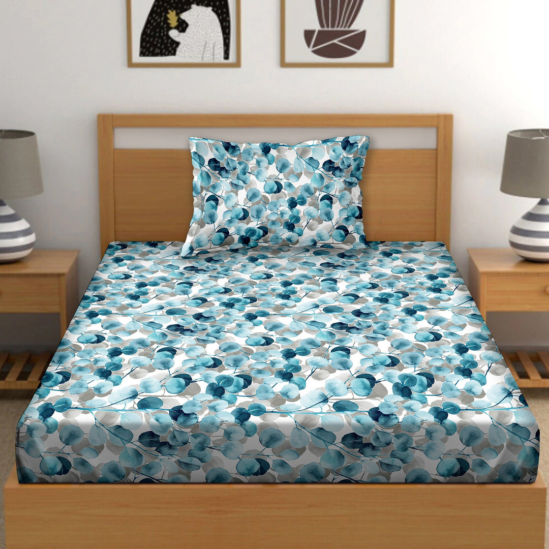 Bella Casa Fashion & Retail Ltd  BEDSHEET 60 X 90 Inch / Blue / Cotton Bella Casa Single Size Cotton Bedsheet with 1 Pillow Cover Floral Desige Blue Colour - Stella Collection