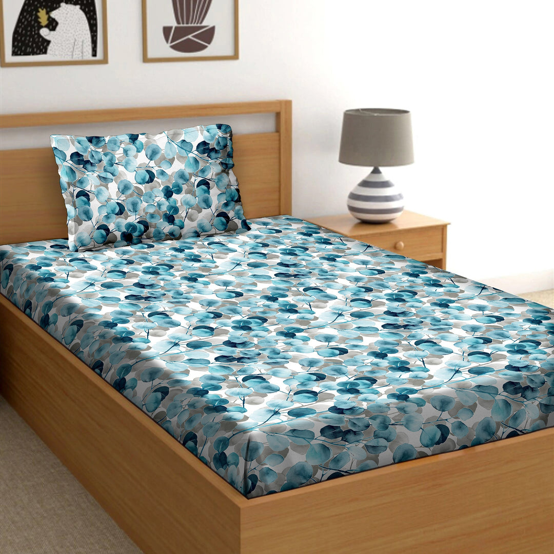 Bella Casa Fashion & Retail Ltd  BEDSHEET 60 X 90 Inch / Blue / Cotton Bella Casa Single Size Cotton Bedsheet with 1 Pillow Cover Floral Desige Blue Colour - Stella Collection