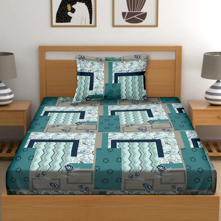 Bella Casa Single Size Cotton Bedsheet with 1 Pillow Cover Geometric Desige Blue Colour - Stella Collection