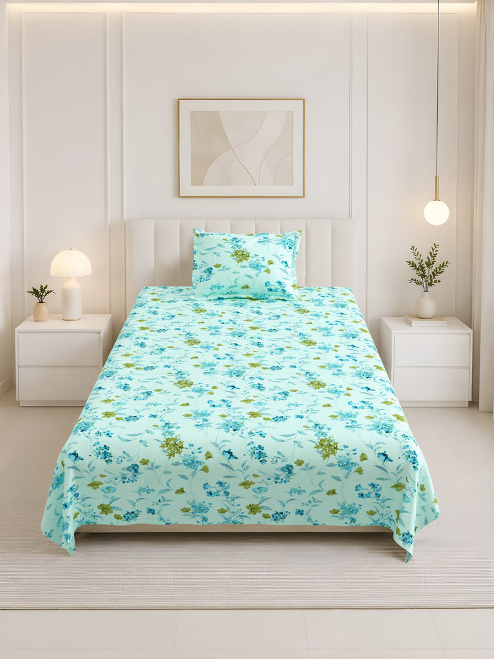 Bella Casa Fashion & Retail Ltd BEDSHEET 60 X 90 Inch / Blue & Multi / Cotton Bella Casa Single Size Cotton Bedsheet with 1 Pillow Cover Floral Design Blue & Multi Colour - Stella Collection