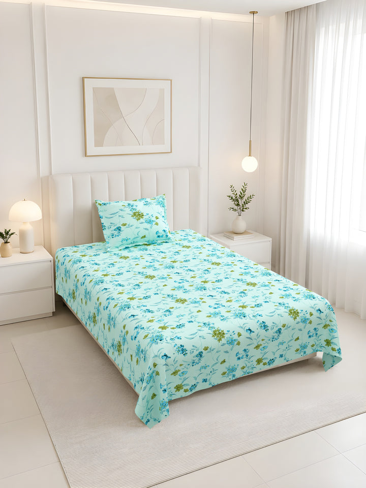 Bella Casa Fashion & Retail Ltd BEDSHEET 60 X 90 Inch / Blue & Multi / Cotton Bella Casa Single Size Cotton Bedsheet with 1 Pillow Cover Floral Design Blue & Multi Colour - Stella Collection