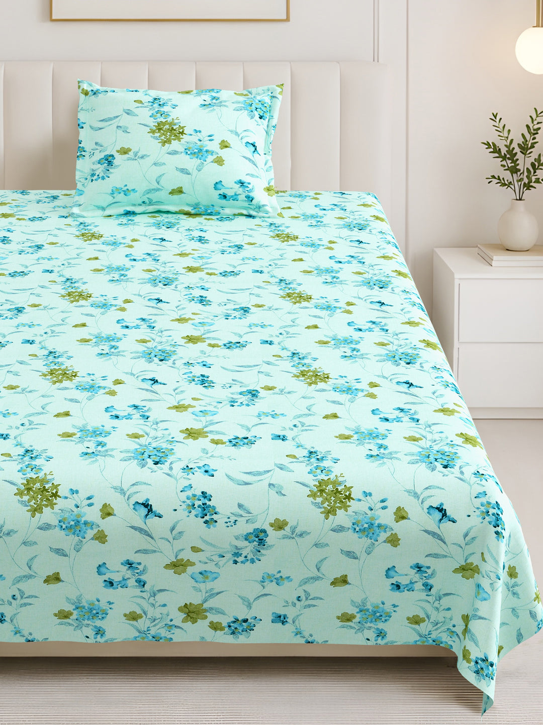 Bella Casa Fashion & Retail Ltd BEDSHEET 60 X 90 Inch / Blue & Multi / Cotton Bella Casa Single Size Cotton Bedsheet with 1 Pillow Cover Floral Design Blue & Multi Colour - Stella Collection