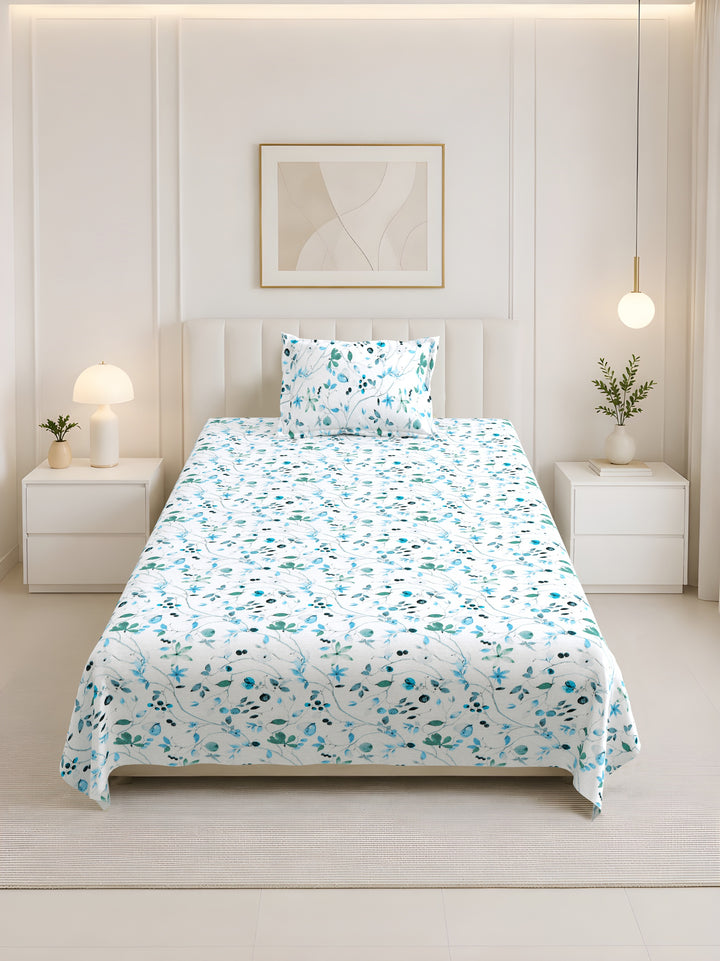 Bella Casa Fashion & Retail Ltd BEDSHEET 60 X 90 Inch / Blue & Multi / Cotton Bella Casa Single Size Cotton Bedsheet with 1 Pillow Cover Floral Design Blue & Multi Colour - Stella Collection