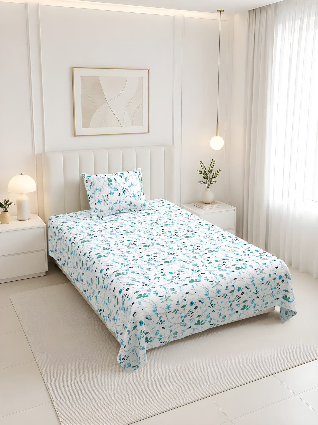 Bella Casa Fashion & Retail Ltd BEDSHEET 60 X 90 Inch / Blue & Multi / Cotton Bella Casa Single Size Cotton Bedsheet with 1 Pillow Cover Floral Design Blue & Multi Colour - Stella Collection