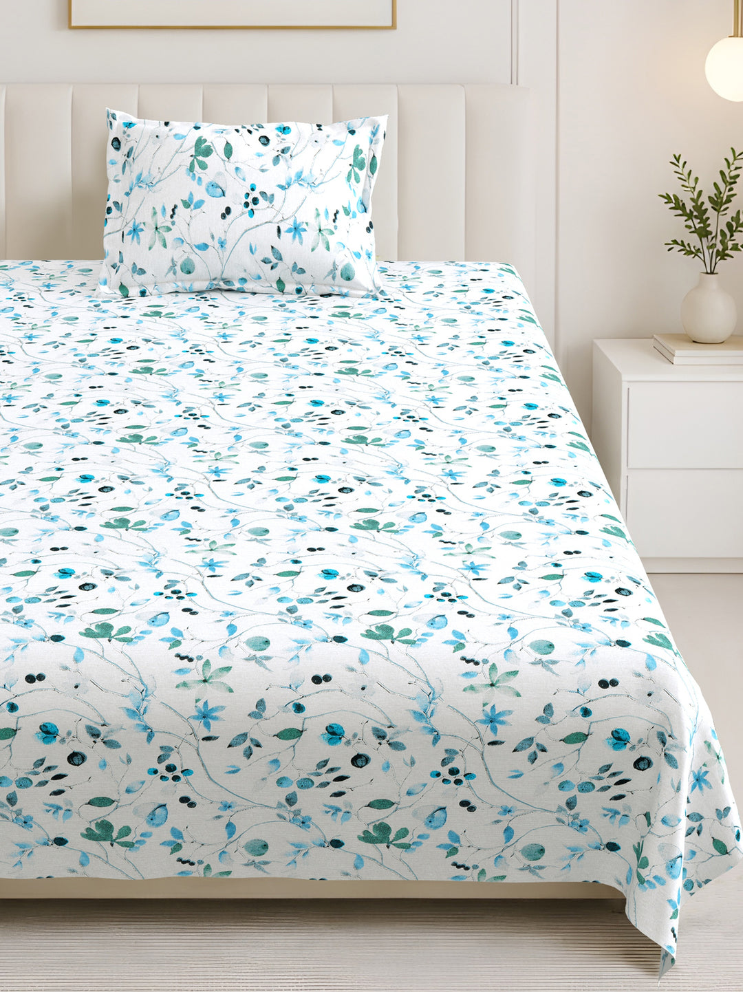 Bella Casa Fashion & Retail Ltd BEDSHEET 60 X 90 Inch / Blue & Multi / Cotton Bella Casa Single Size Cotton Bedsheet with 1 Pillow Cover Floral Design Blue & Multi Colour - Stella Collection
