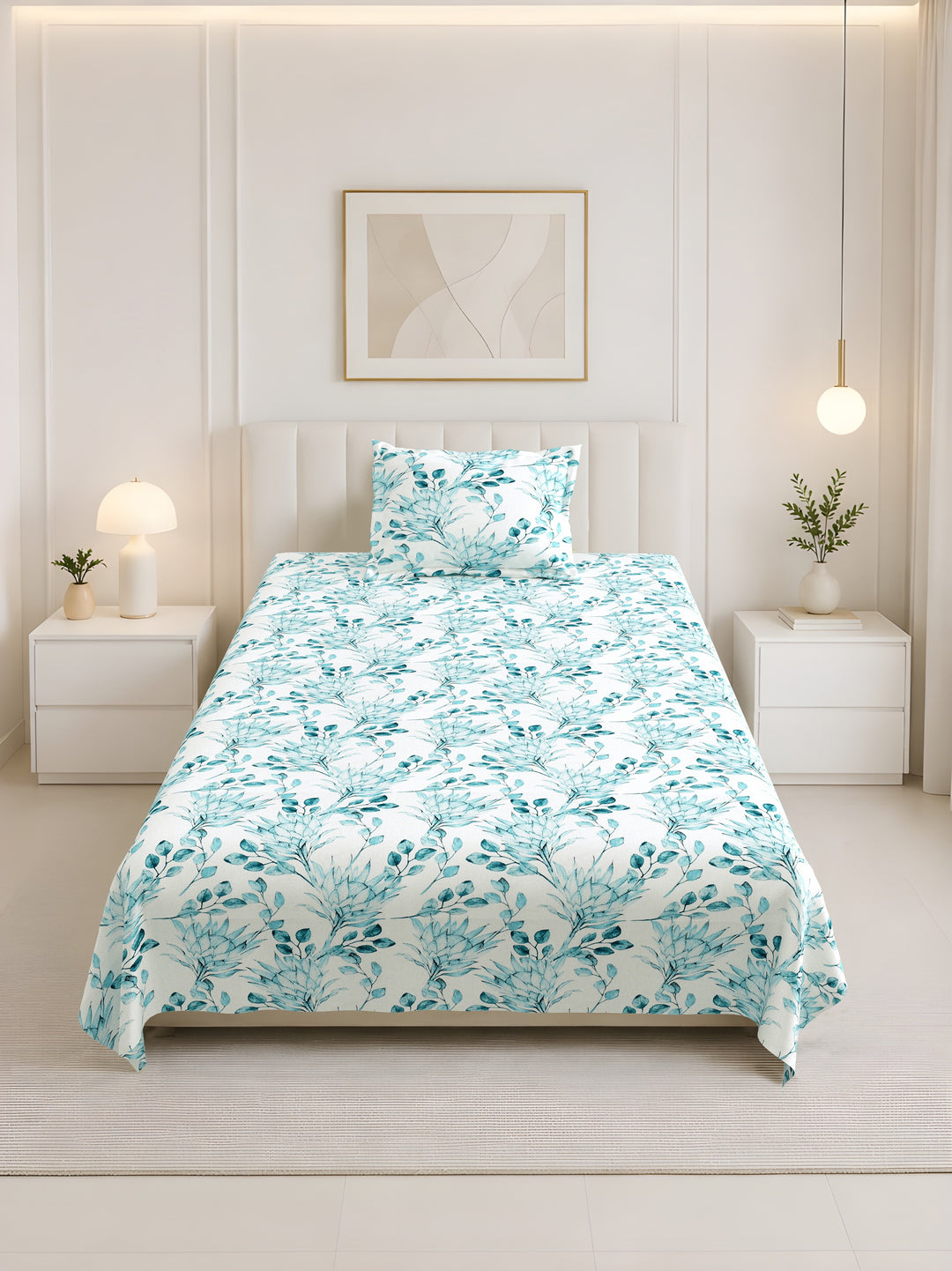 Bella Casa Fashion & Retail Ltd BEDSHEET 60 X 90 Inch / Blue & Multi / Cotton Bella Casa Single Size Cotton Bedsheet with 1 Pillow Cover Floral Design Blue & Multi Colour - Stella Collection