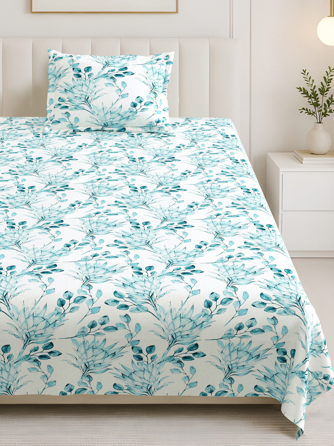 Bella Casa Fashion & Retail Ltd BEDSHEET 60 X 90 Inch / Blue & Multi / Cotton Bella Casa Single Size Cotton Bedsheet with 1 Pillow Cover Floral Design Blue & Multi Colour - Stella Collection
