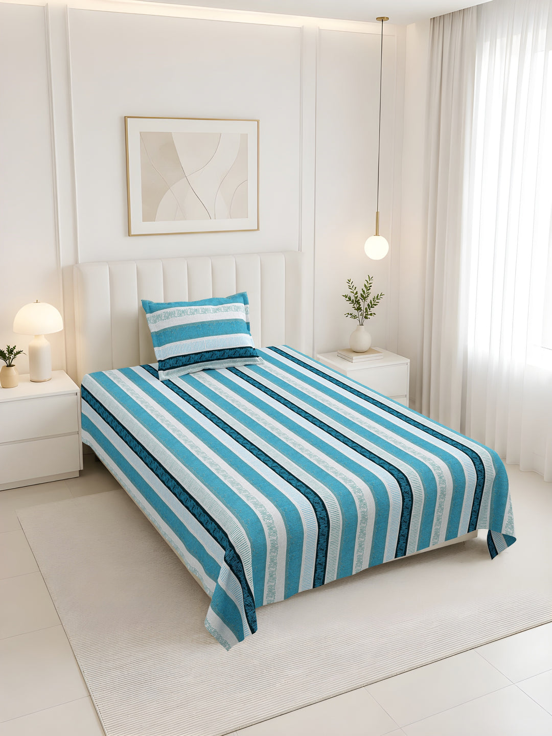 Bella Casa Fashion & Retail Ltd BEDSHEET 60 X 90 Inch / Blue & Multi / Cotton Bella Casa Single Size Cotton Bedsheet with 1 Pillow Cover Floral Design Blue & Multi Colour - Stella Collection