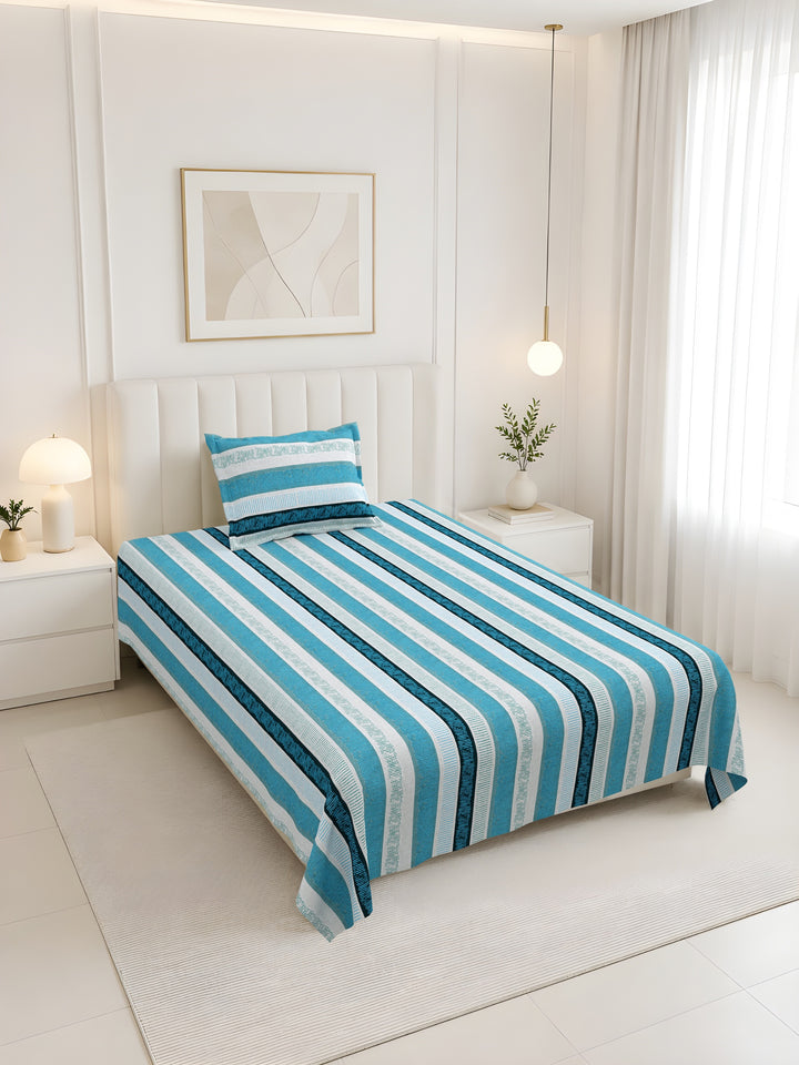 Bella Casa Fashion & Retail Ltd BEDSHEET 60 X 90 Inch / Blue & Multi / Cotton Bella Casa Single Size Cotton Bedsheet with 1 Pillow Cover Floral Design Blue & Multi Colour - Stella Collection