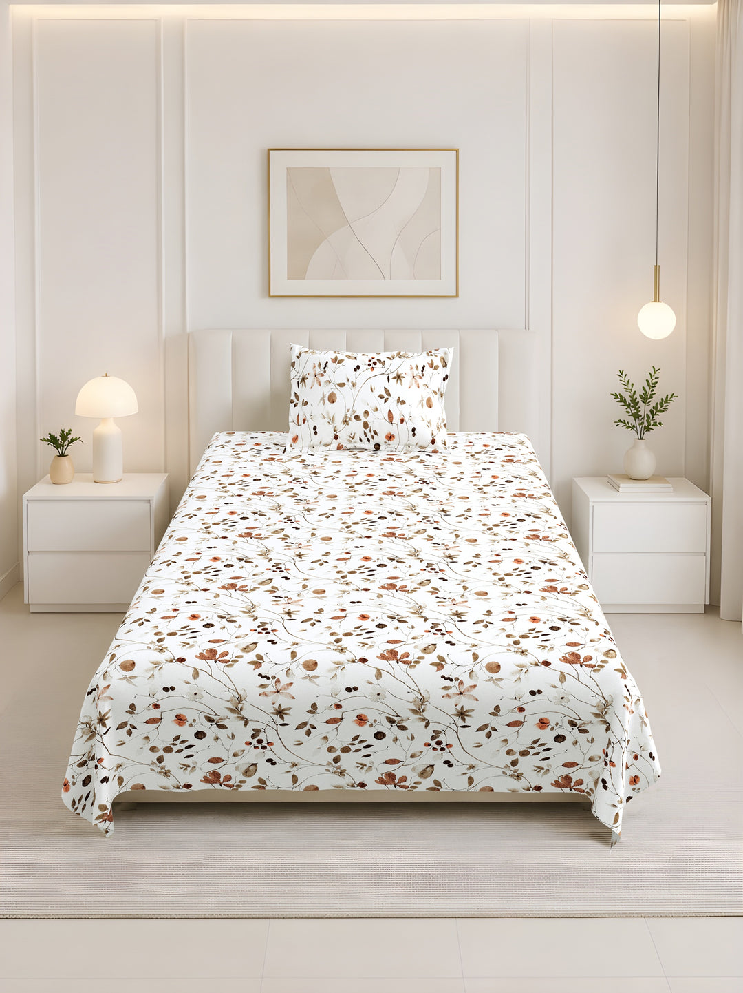 Bella Casa Fashion & Retail Ltd BEDSHEET 60 X 90 Inch / Brown / Cotton Bella Casa Single Size Cotton Bedsheet with 1 Pillow Cover Floral Design Brown Colour - Stella Collection