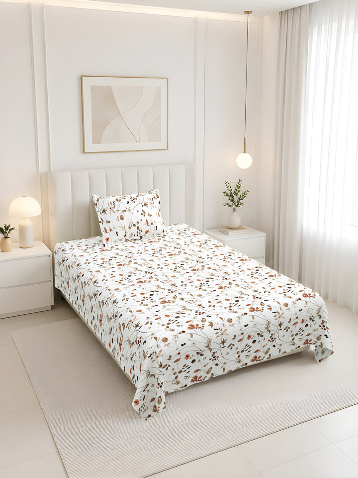 Bella Casa Fashion & Retail Ltd BEDSHEET 60 X 90 Inch / Brown / Cotton Bella Casa Single Size Cotton Bedsheet with 1 Pillow Cover Floral Design Brown Colour - Stella Collection