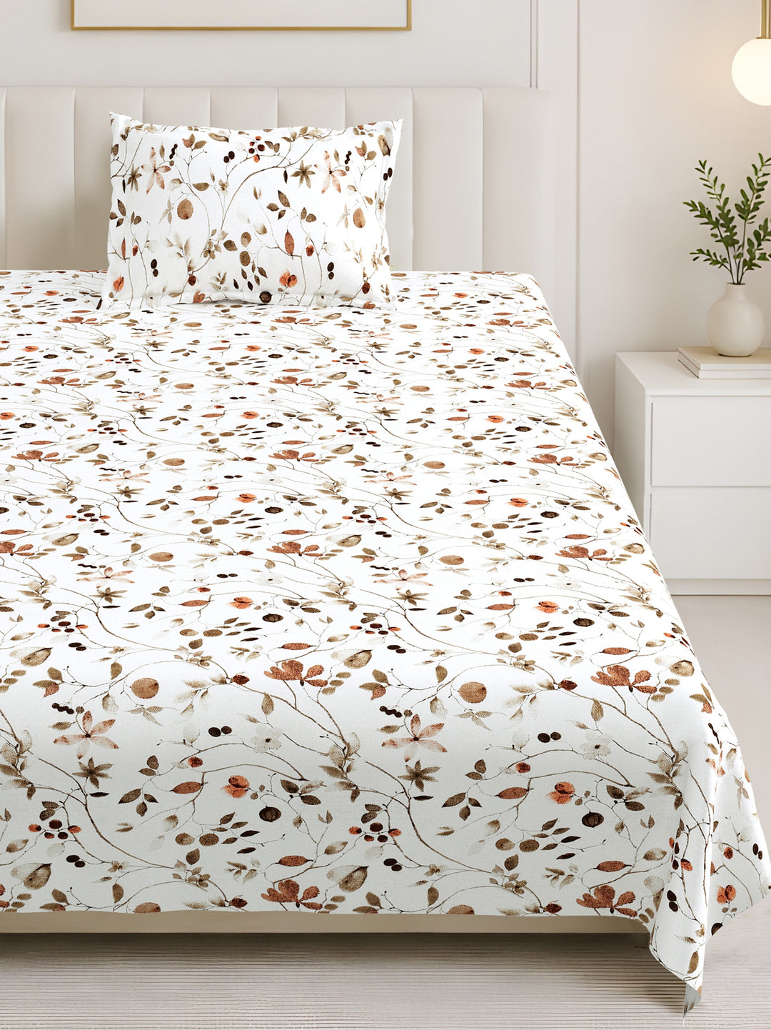 Bella Casa Fashion & Retail Ltd BEDSHEET 60 X 90 Inch / Brown / Cotton Bella Casa Single Size Cotton Bedsheet with 1 Pillow Cover Floral Design Brown Colour - Stella Collection