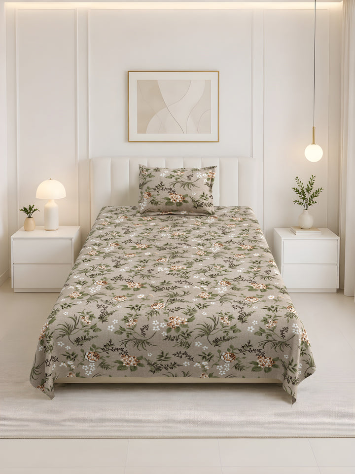 Bella Casa Fashion & Retail Ltd BEDSHEET 60 X 90 Inch / Brown & Multi / Cotton Bella Casa Single Size Cotton Bedsheet with 1 Pillow Cover Floral Design Brown & Multi Colour - Stella Collection