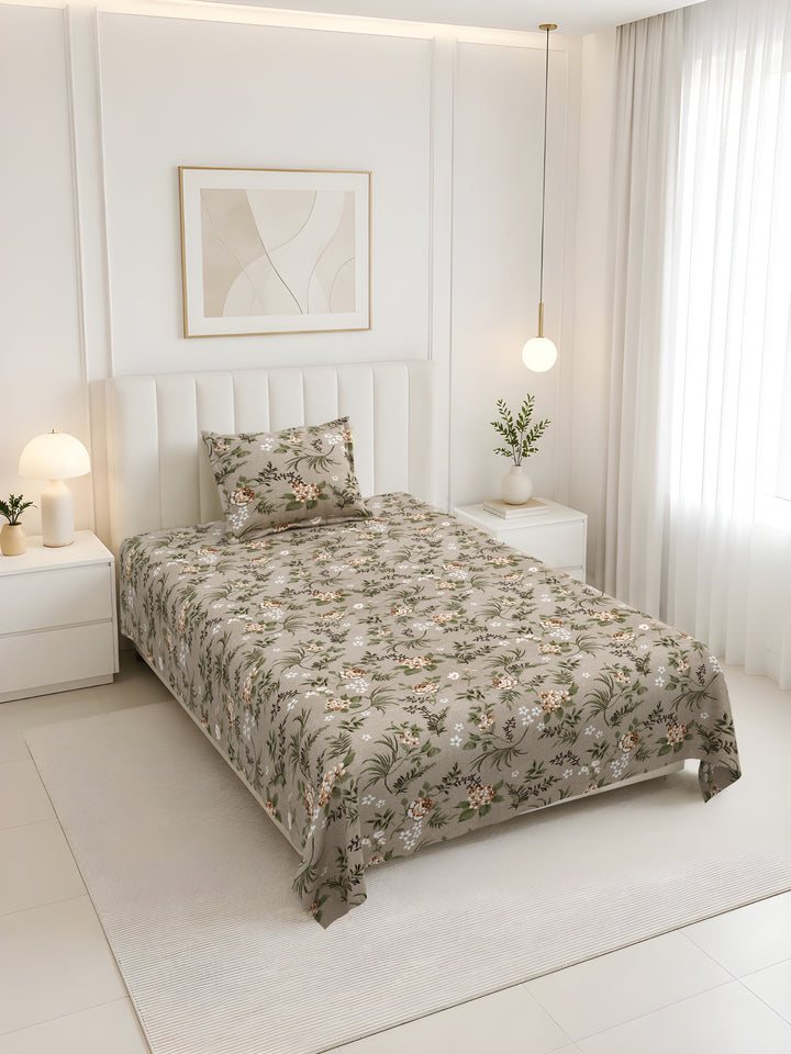 Bella Casa Fashion & Retail Ltd BEDSHEET 60 X 90 Inch / Brown & Multi / Cotton Bella Casa Single Size Cotton Bedsheet with 1 Pillow Cover Floral Design Brown & Multi Colour - Stella Collection