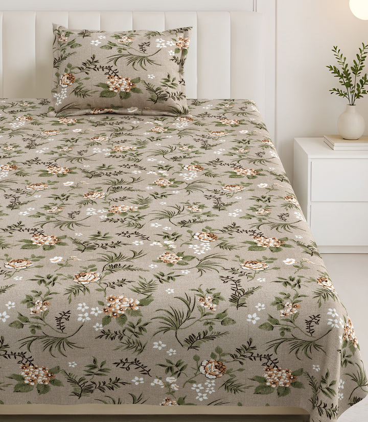 Bella Casa Fashion & Retail Ltd BEDSHEET 60 X 90 Inch / Brown & Multi / Cotton Bella Casa Single Size Cotton Bedsheet with 1 Pillow Cover Floral Design Brown & Multi Colour - Stella Collection