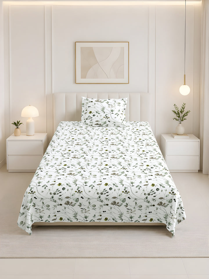 Bella Casa Fashion & Retail Ltd BEDSHEET 60 X 90 Inch / Green / Cotton Bella Casa Single Size Cotton Bedsheet with 1 Pillow Cover Floral Design Green Colour - Stella Collection