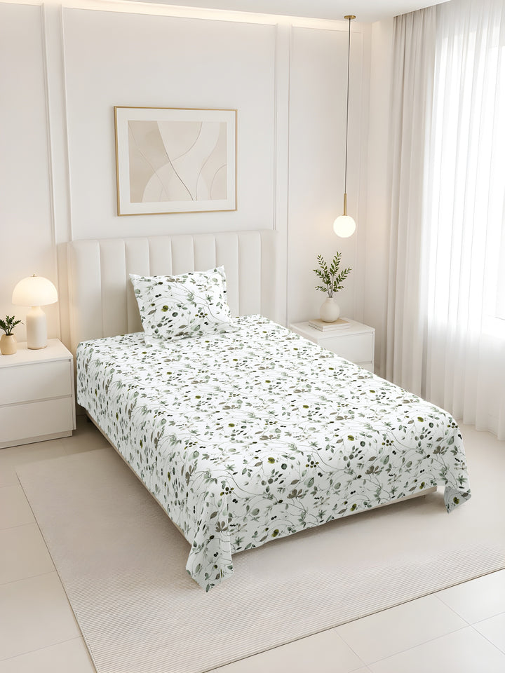 Bella Casa Fashion & Retail Ltd BEDSHEET 60 X 90 Inch / Green / Cotton Bella Casa Single Size Cotton Bedsheet with 1 Pillow Cover Floral Design Green Colour - Stella Collection