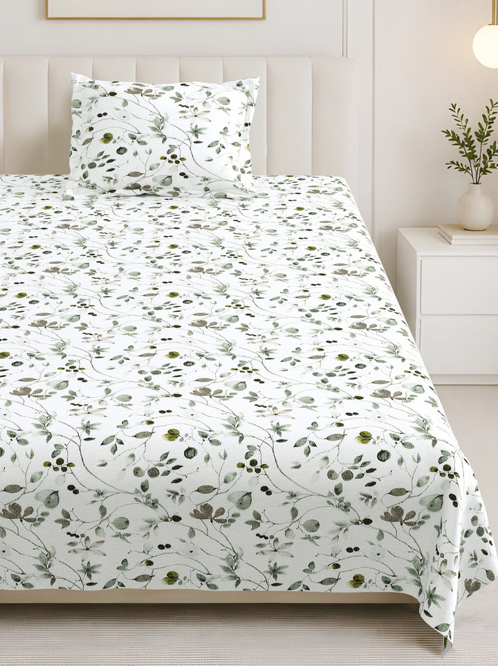 Bella Casa Fashion & Retail Ltd BEDSHEET 60 X 90 Inch / Green / Cotton Bella Casa Single Size Cotton Bedsheet with 1 Pillow Cover Floral Design Green Colour - Stella Collection