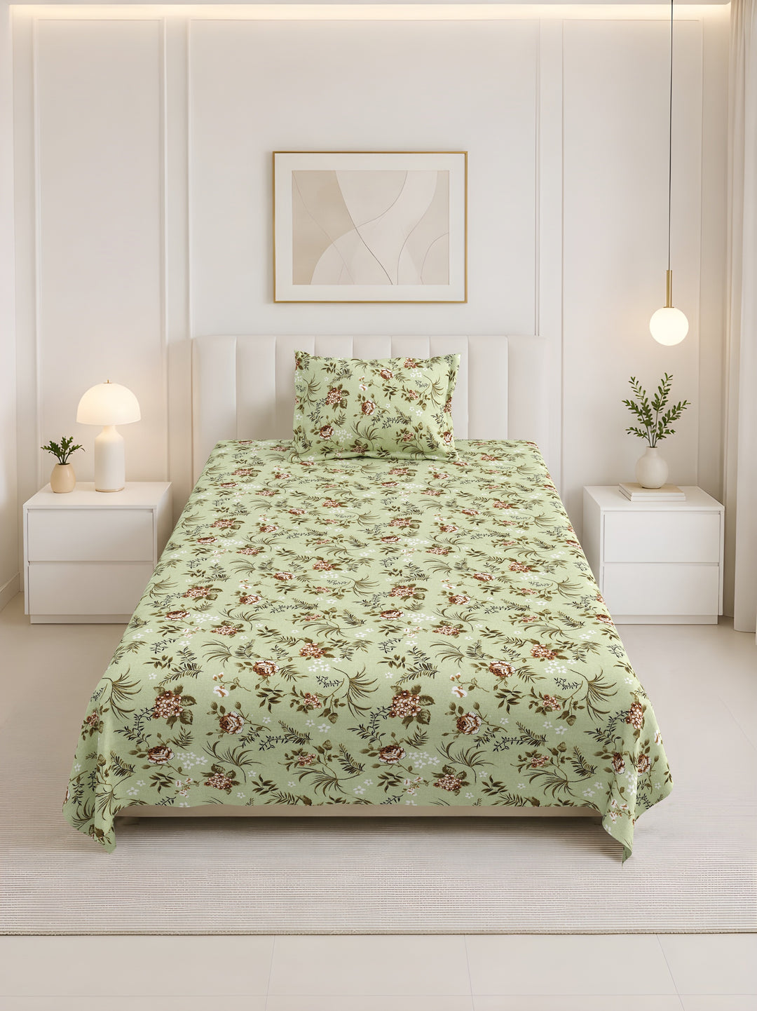 Bella Casa Fashion & Retail Ltd BEDSHEET 60 X 90 Inch / Green & Multi / Cotton Bella Casa Single Size Cotton Bedsheet with 1 Pillow Cover Floral Design Green & Multi Colour - Stella Collection