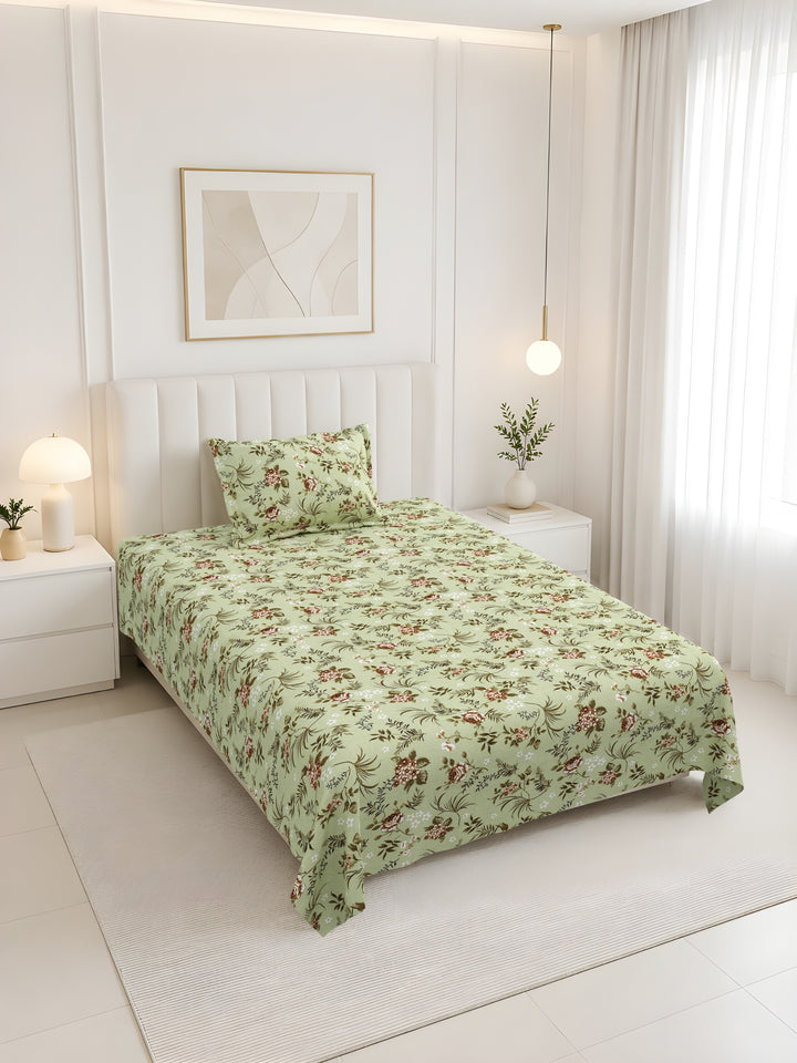 Bella Casa Fashion & Retail Ltd BEDSHEET 60 X 90 Inch / Green & Multi / Cotton Bella Casa Single Size Cotton Bedsheet with 1 Pillow Cover Floral Design Green & Multi Colour - Stella Collection