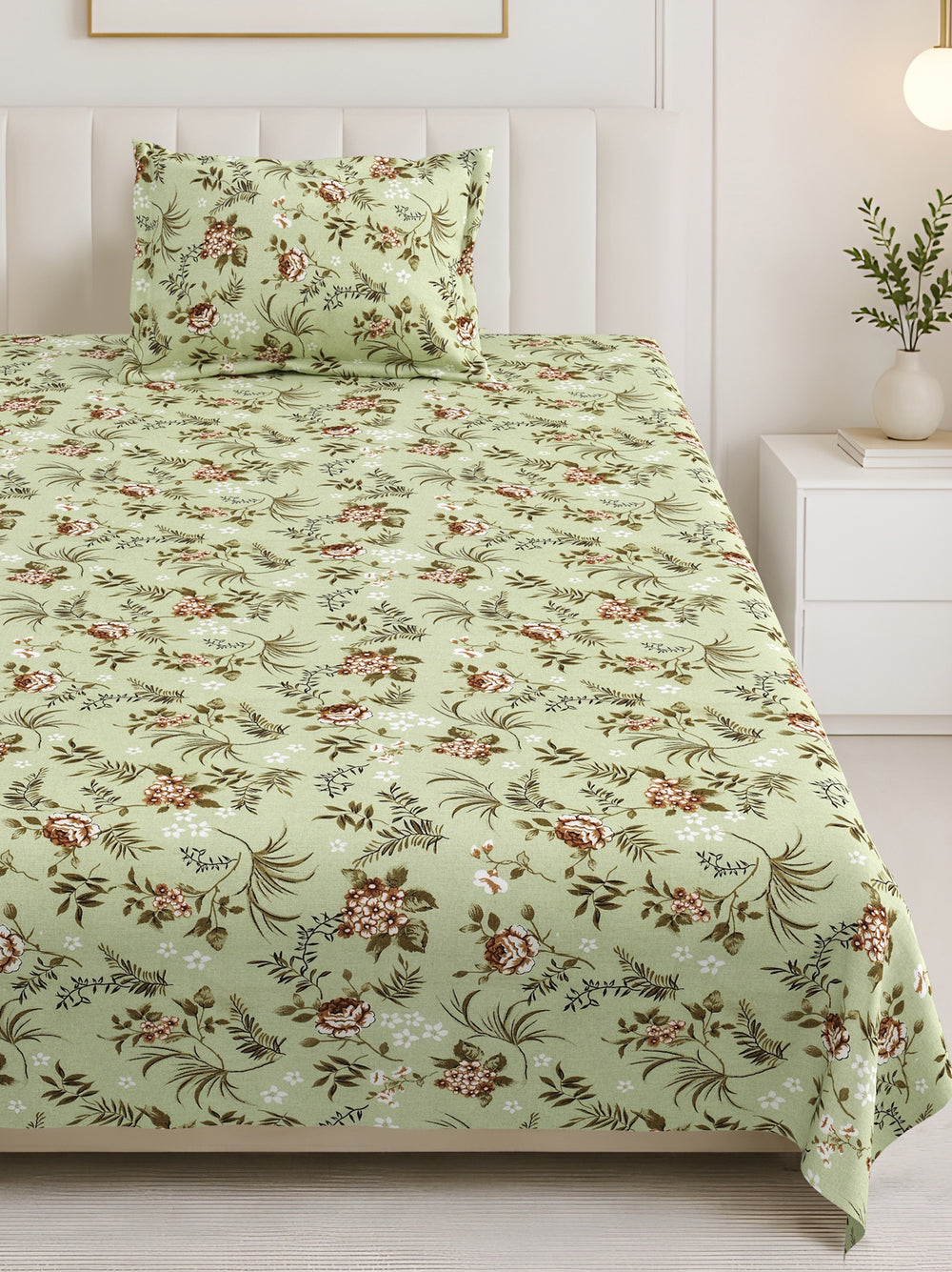 Bella Casa Fashion & Retail Ltd BEDSHEET 60 X 90 Inch / Green & Multi / Cotton Bella Casa Single Size Cotton Bedsheet with 1 Pillow Cover Floral Design Green & Multi Colour - Stella Collection