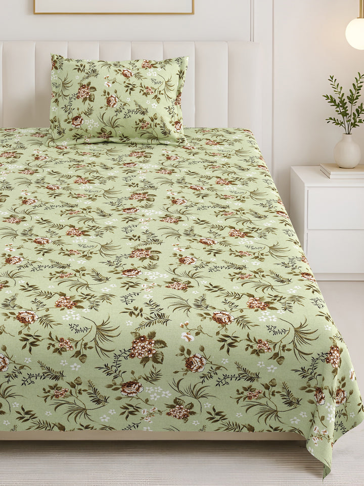 Bella Casa Fashion & Retail Ltd BEDSHEET 60 X 90 Inch / Green & Multi / Cotton Bella Casa Single Size Cotton Bedsheet with 1 Pillow Cover Floral Design Green & Multi Colour - Stella Collection