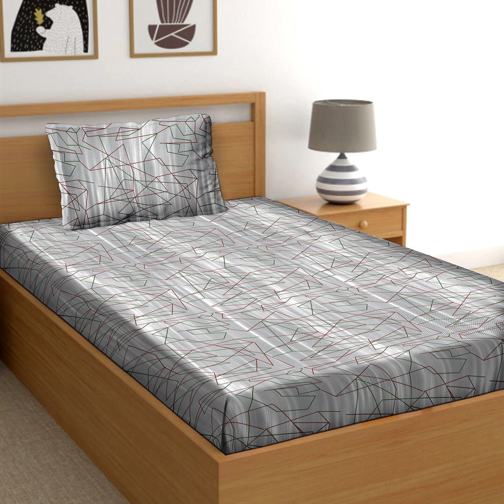 Bella Casa Single Size Cotton Bedsheet with 1 Pillow Cover Abstract Desige Grey Colour - Stella Collection