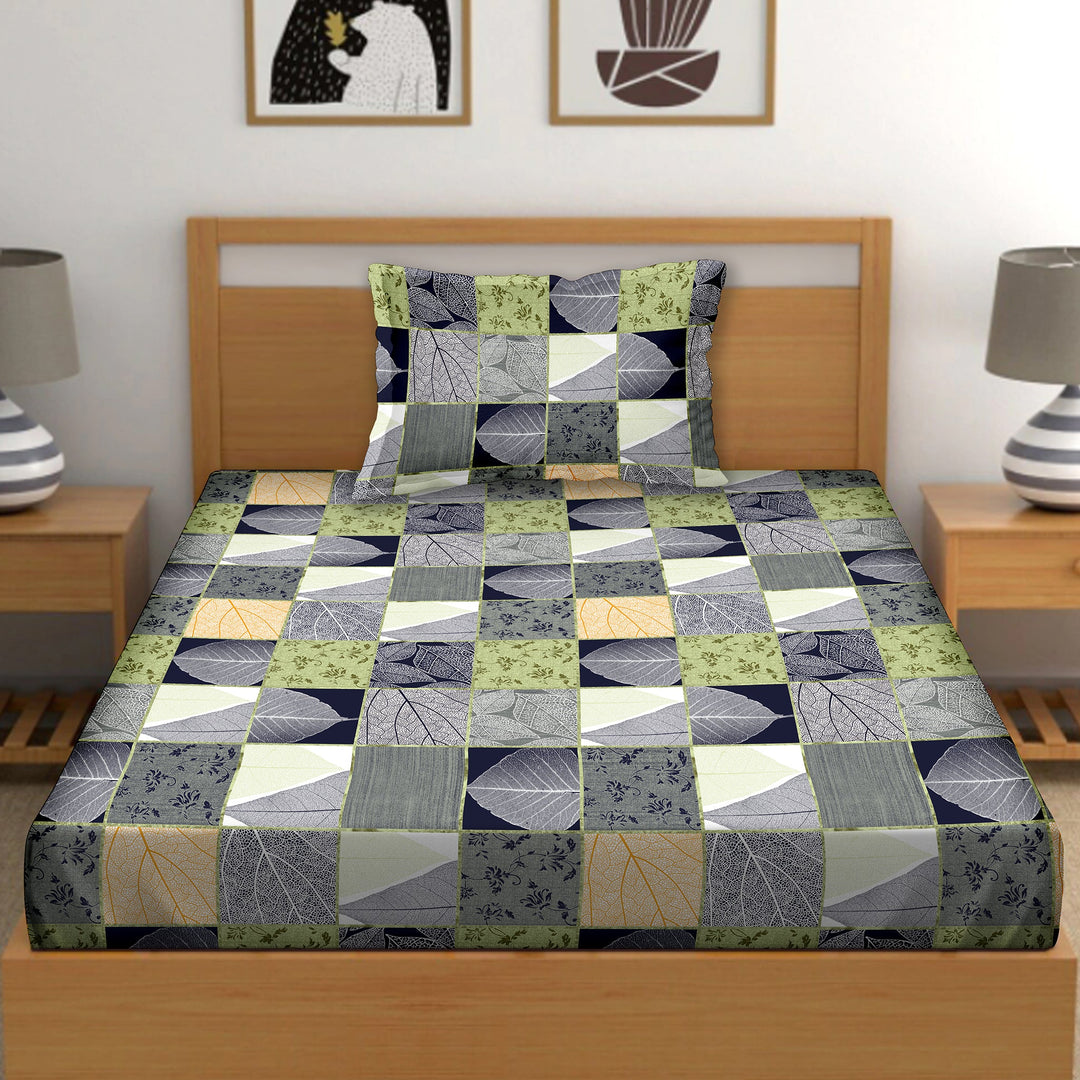 Bella Casa Single Size Cotton Bedsheet with 1 Pillow Cover Geometric Desige Grey Colour - Stella Collection